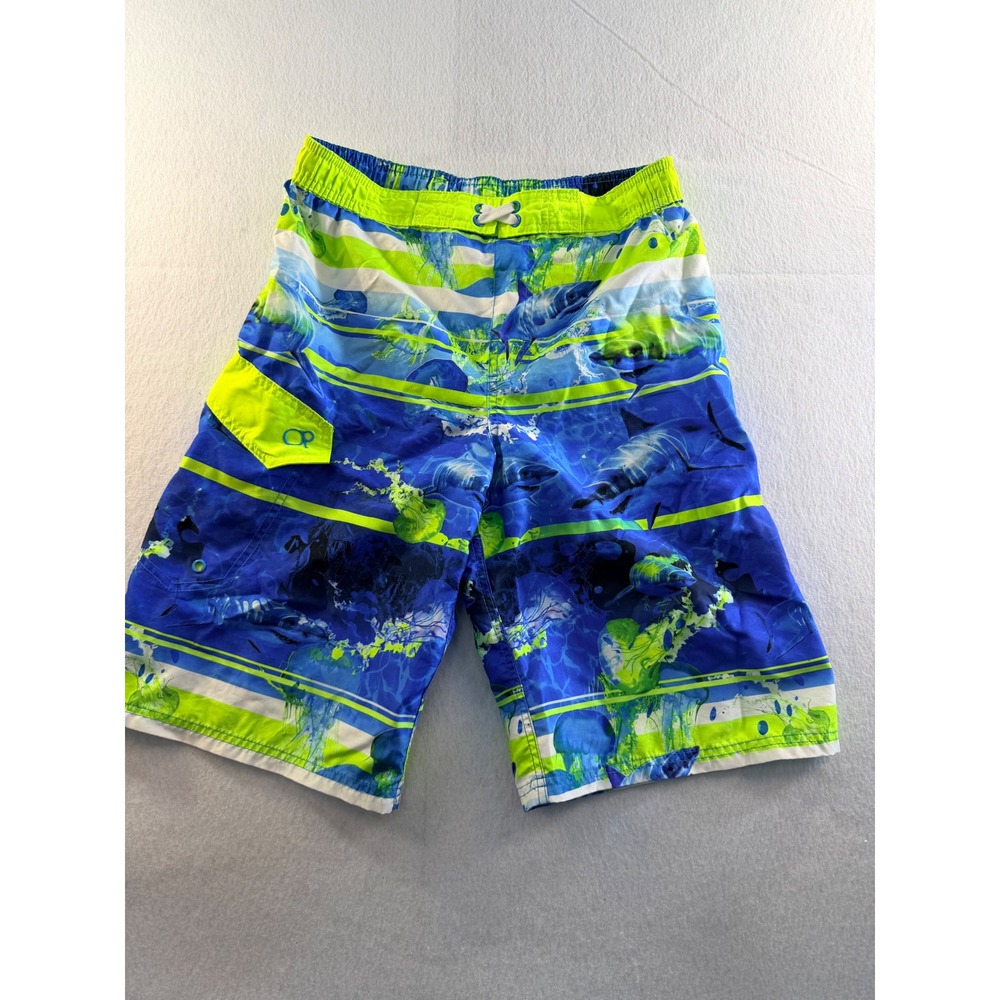 Ocean Pacific OP Boys XL 14-16 Shark Jellyfish Blue Lime Green Board Shorts